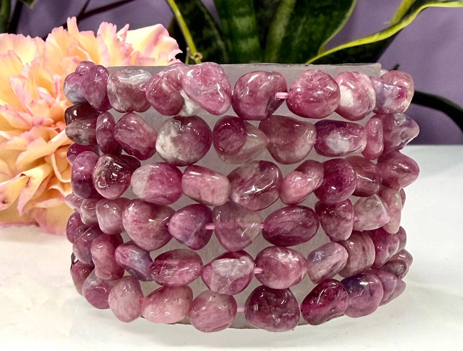 ~8mm Pink Tourmaline Crystal tumble Stretch Bracelet 7.5
