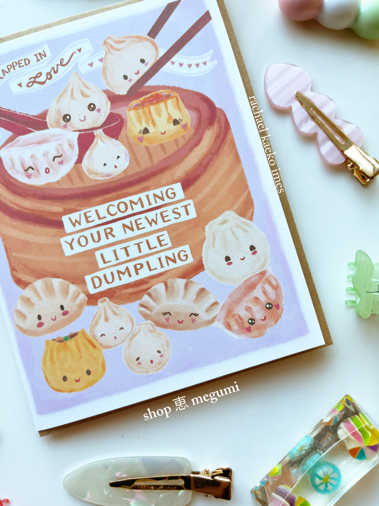 Welcoming Your Newest Little Dumpling Baby Shower Greeting Card | Shumai Dumpling Baby Congratulations Card | Xiao Long Bao Dumpling Greeting Card | Gyoza Baby Shower Greeting Card