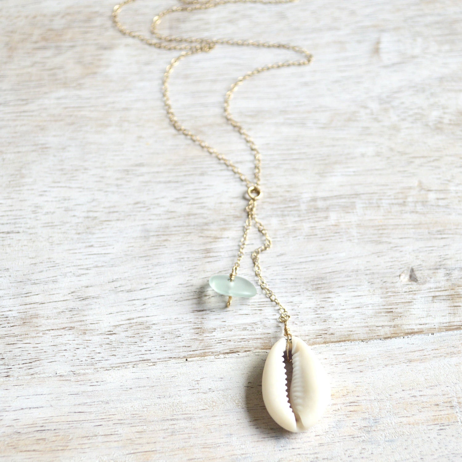 Cowrie Shell & Sea Foam Glass Necklace in Gold