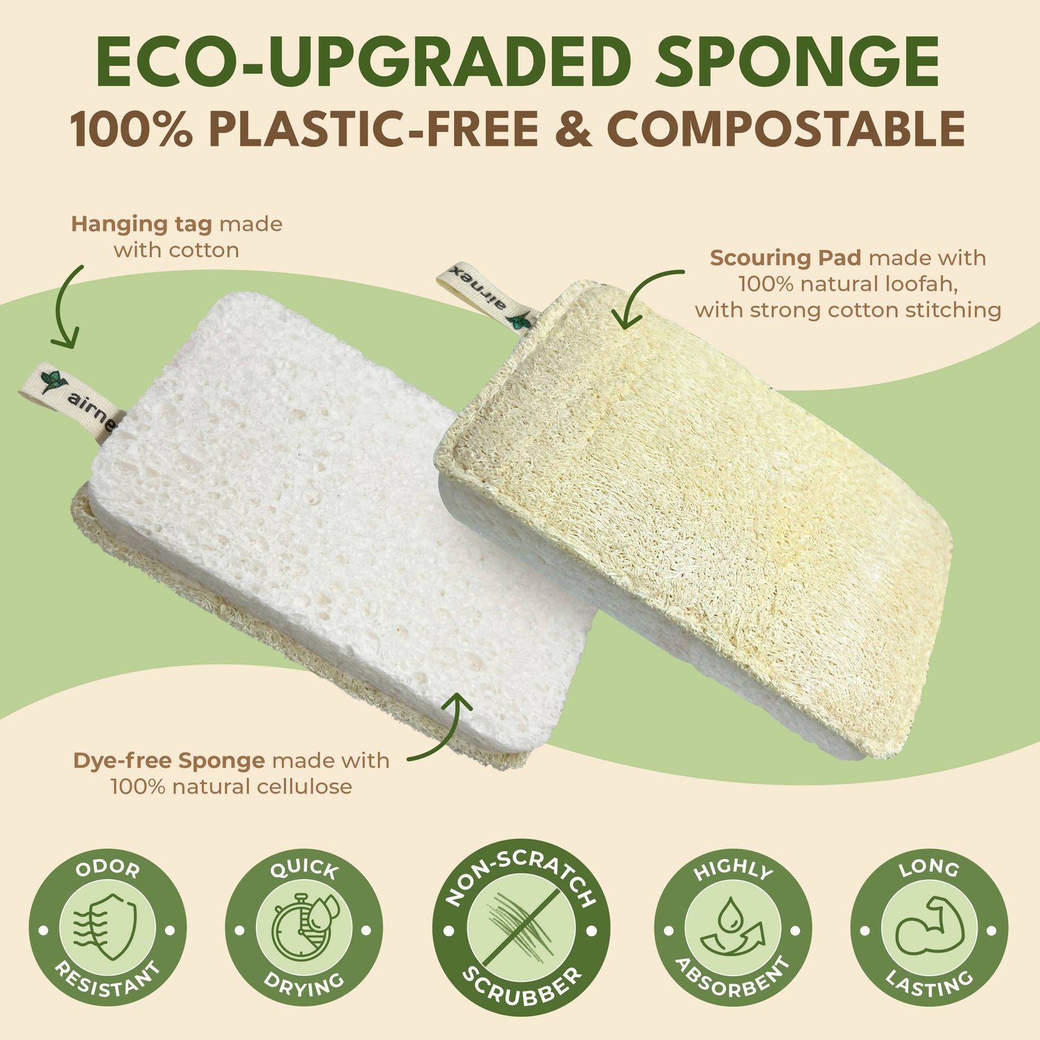 Kitchen Sponge with Zero Plastic - 3 Pack Loofah Sponges