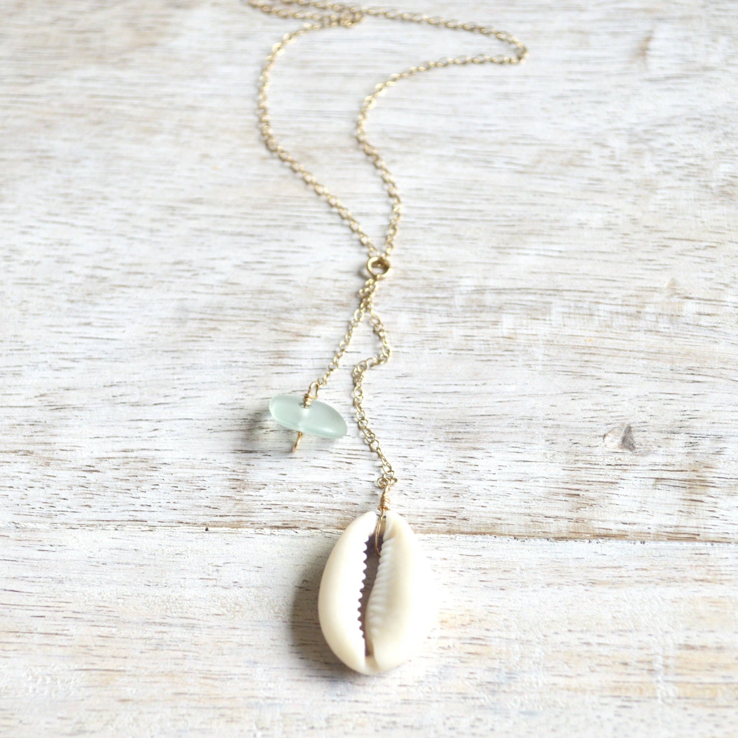 Cowrie Shell & Sea Foam Glass Necklace in Gold