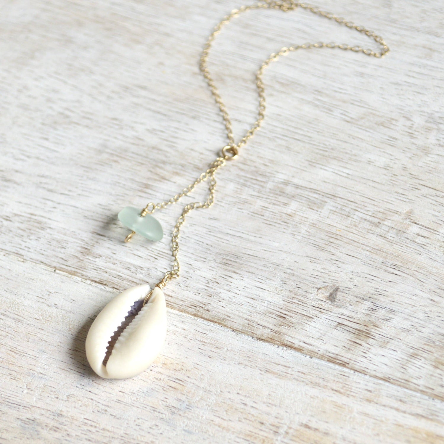 Cowrie Shell & Sea Foam Glass Necklace in Gold