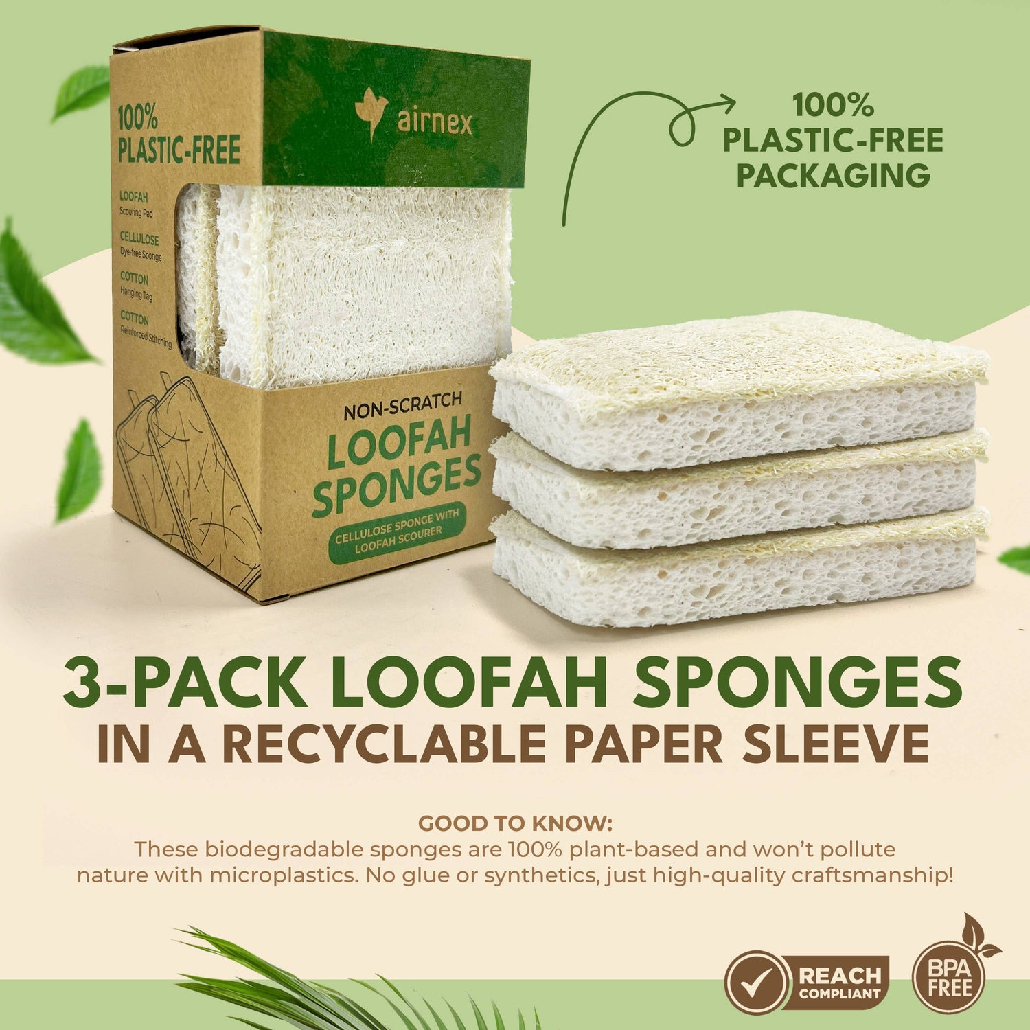 Kitchen Sponge with Zero Plastic - 3 Pack Loofah Sponges