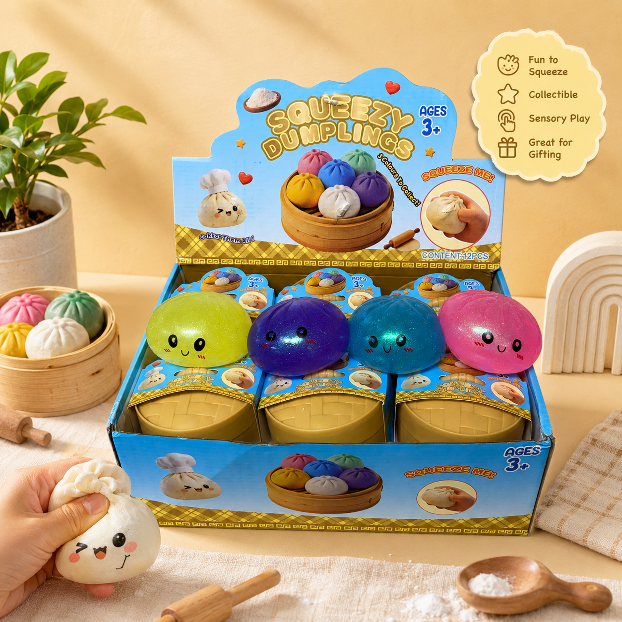 Squeezy Dumpling Viral Stress Toy Display of 12