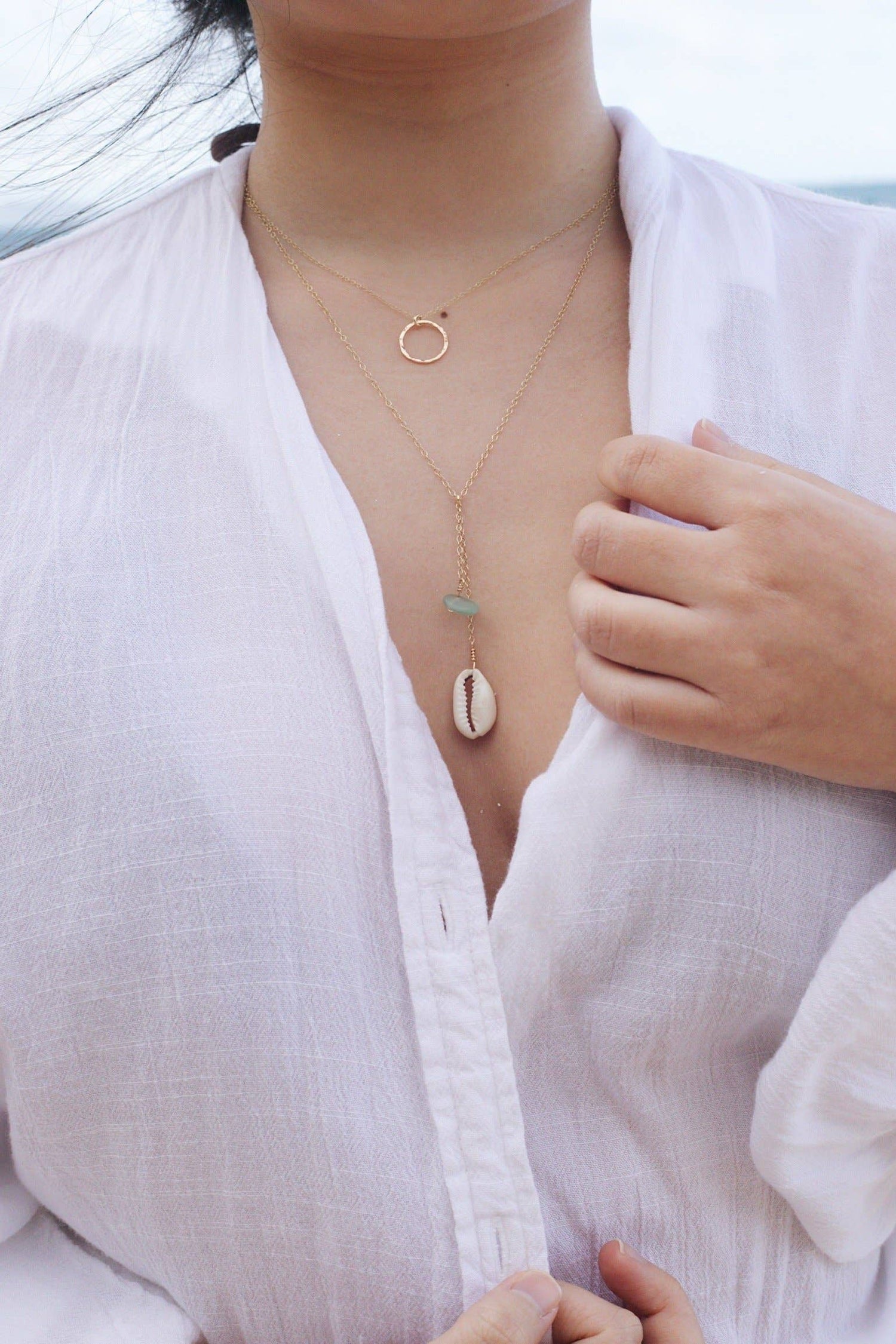 Cowrie Shell & Sea Foam Glass Necklace in Gold