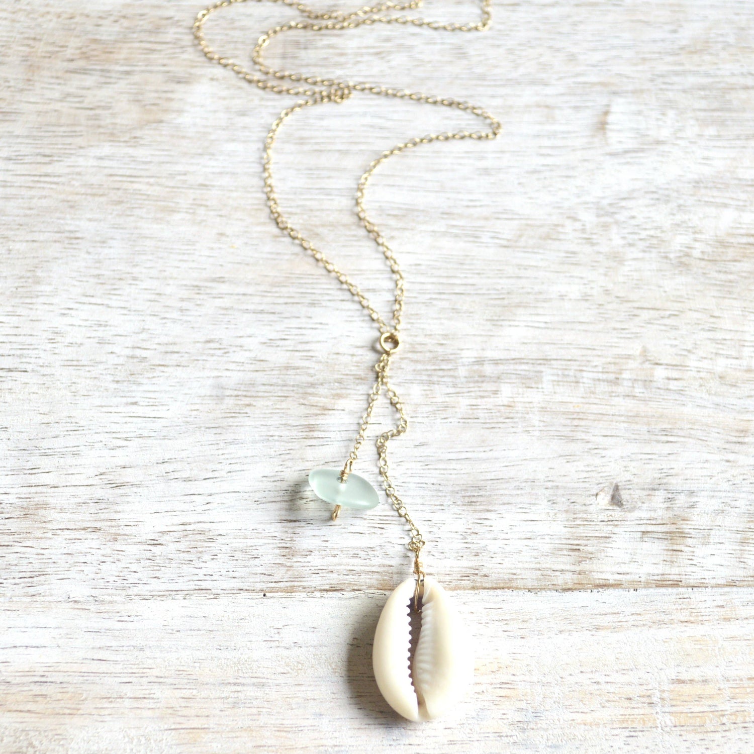 Cowrie Shell & Sea Foam Glass Necklace in Gold