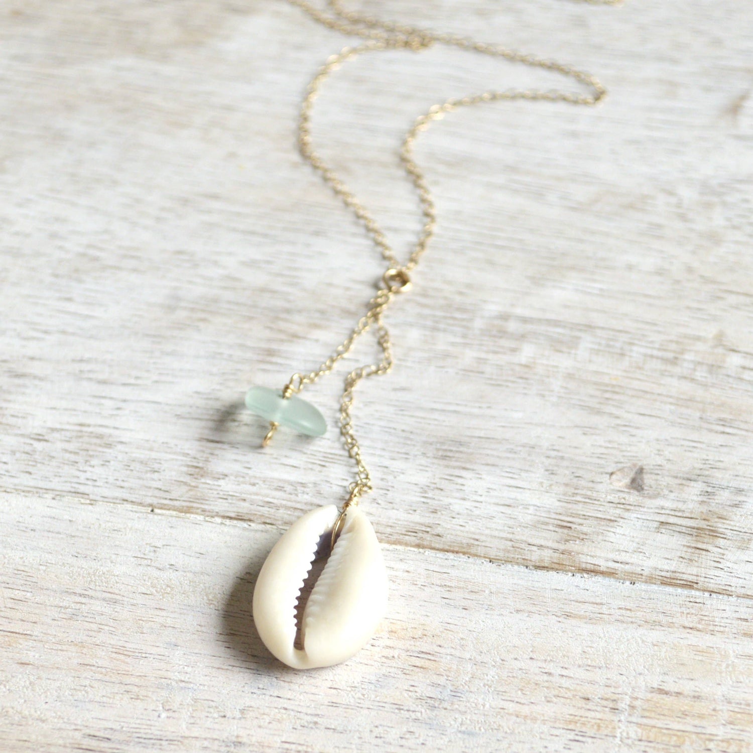 Cowrie Shell & Sea Foam Glass Necklace in Gold