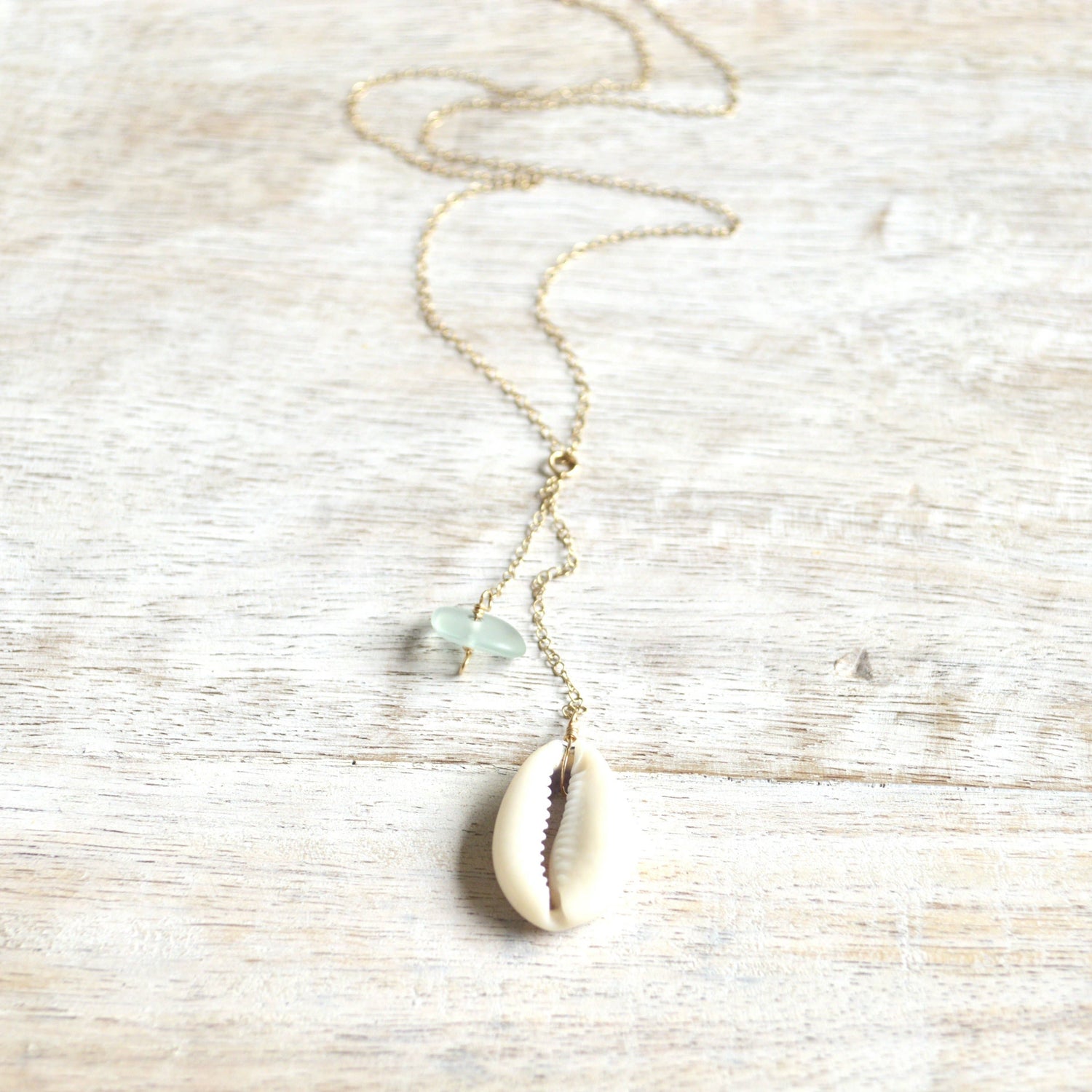 Cowrie Shell & Sea Foam Glass Necklace in Gold
